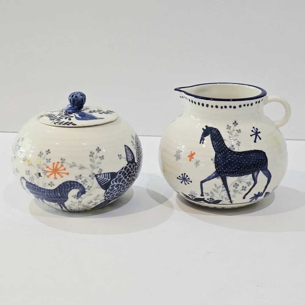 Anthropologie Saga Sugar Bowl No Spoon With Lid  Chip On The Lid & Creamer